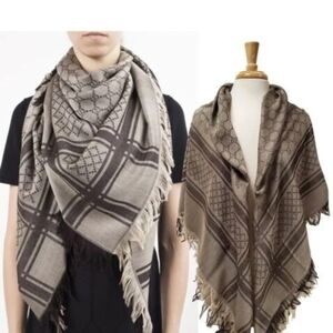 GUCCI GG Logo Diamante Wool Silk Beige Brown Survive Shawl Square 140x140" Scarf